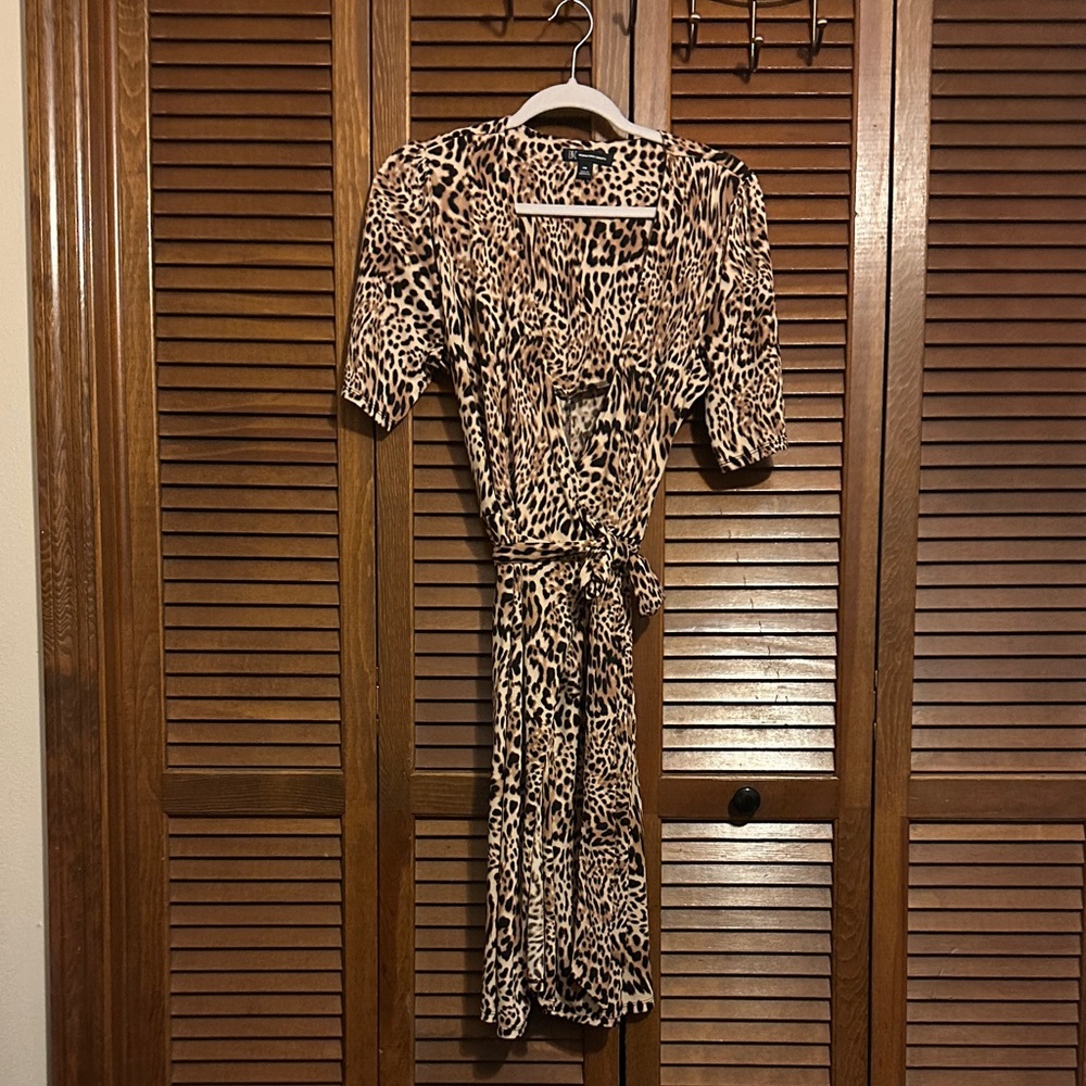 INC International Concepts Leopard Print Wrap Midi Dress | Petite Medium